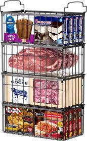4 Pack Stackable Deep Chest Freezer Organizer Bins, Foldable Baskets with Handles, Black Storage